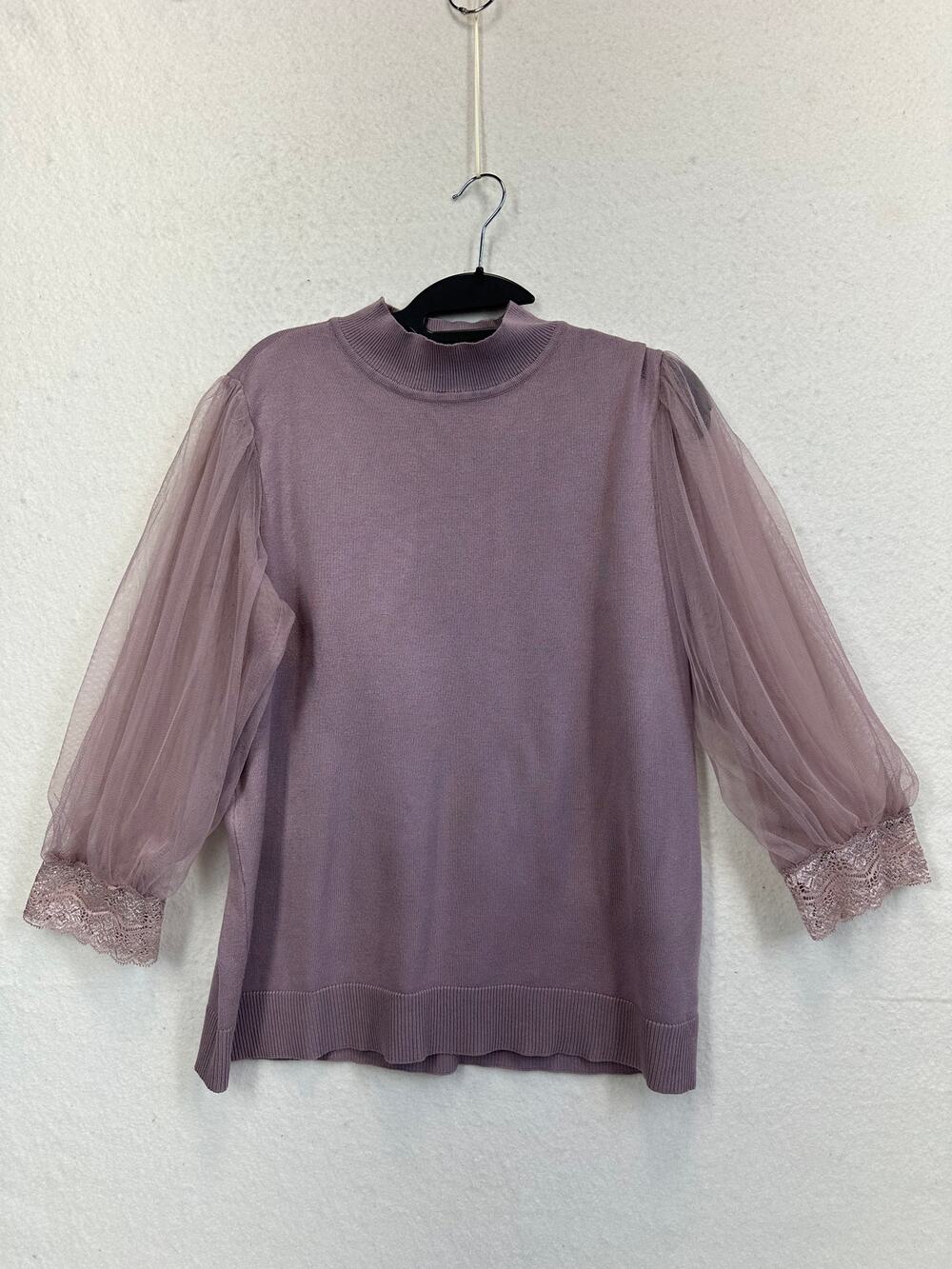 A Love Story Sweater Sheer Mesh Puff Sleeve Lace Cuff Sweater SZ L